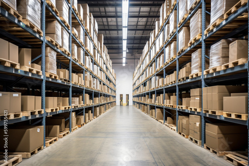 Warehouse Aisle with Shelves and Boxes, Generative AI © Tahsin