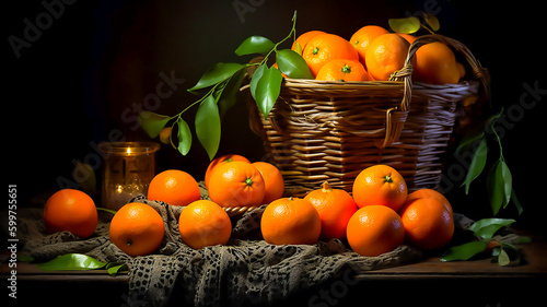 Still life with tangerines and fruits in a basket on the table, AI generative