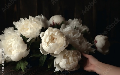 Women's hand touches a bouquet of white peonies on black background created with Generative AI technology