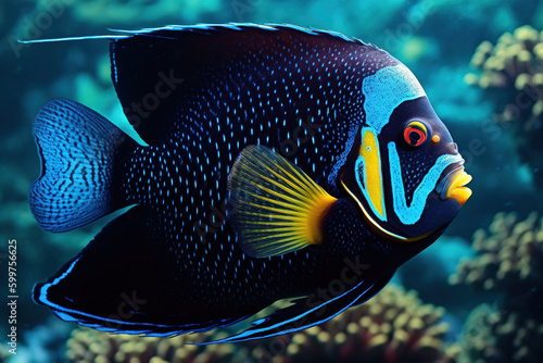 Vibrant Colorful French Angelfish of the Ocean - Generative AI © Wanlop