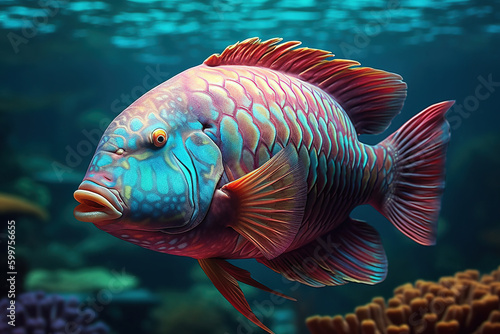 Surreal Underwater Beautiful Colorful Parrotfish Under the Ocean - Generative AI