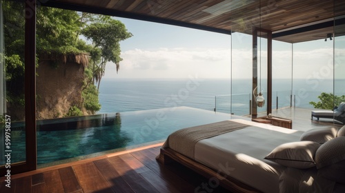 bedroom with swiming pool resort home interior background concept daylight natural style,image ai generate © VERTEX SPACE