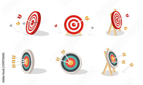 Set of Many arrows missed hitting target mark. Shot miss. Multiple failed inaccurate attempts to hit archery target. Business challenge failure metaphor. Flat cartoon isolated vector illustration