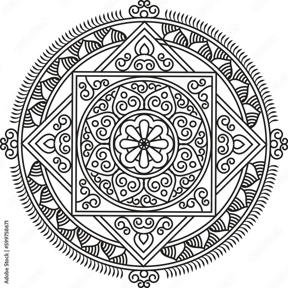 Indian Traditional and Cultural Rangoli, Alpona, Kolam, or Paisley vector line art. Bengal art India. centuries-old Bengali art tradition of the Bengal region, for textile printing, logo, wallpaper
