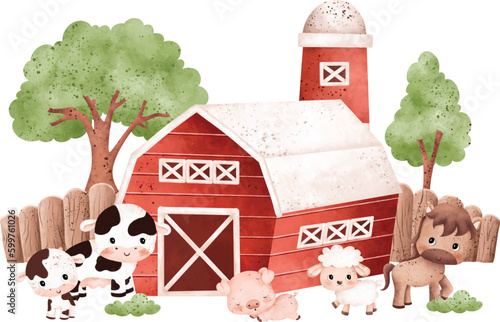 Watercolor Illustration set of cute farm animals and farm house