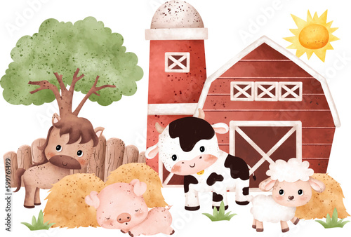 Watercolor Illustration set of cute farm animals and farm house