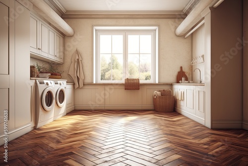 modern laundry room with a washer and dryer on wooden flooring Generative AI
