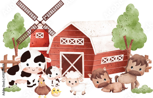 Watercolor Illustration set of cute farm animals and farm house