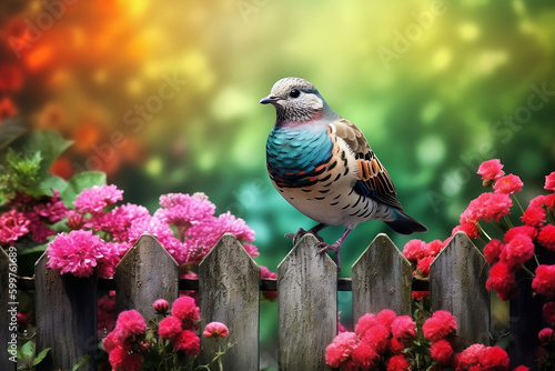 little bird sitting on fence in flower garden