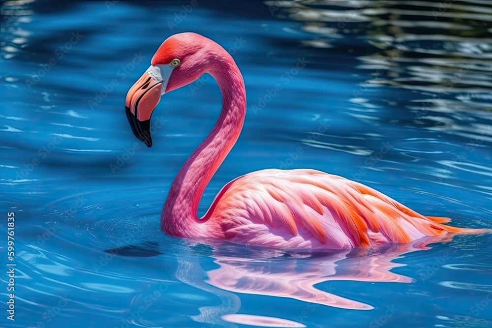 Fototapeta premium pink flamingo gracefully swimming in a turquoise pool Generative AI