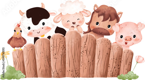 Watercolor Illustration set of cute farm animals and fence