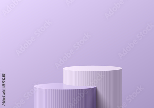 Realistic white and lavender purple 3D cylinder pedestal podium background. Vector 3D render abstract geometric platforms. Wall minimal scene mockup products stage showcase, Banner promotion display.