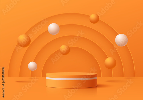 3D realistic orange cylinder pedestal podium background with white bouncing balls. Minimal wall scene mockup products stage showcase, Banner promotion display. Abstract vector geometric platforms.