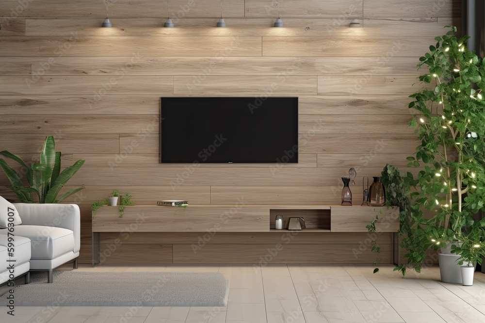 modern living room with white sofa and flat screen TV as focal point