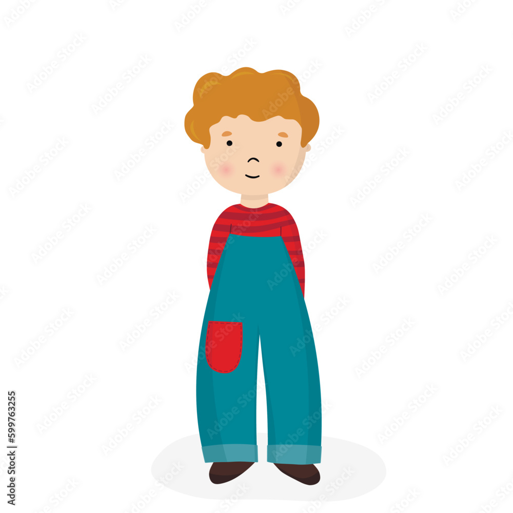 Happy young boy standing. Smiling boy wearing red t-shirt. Flat vector isolated for you design. Cute character