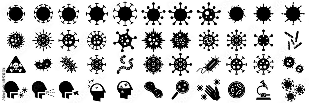 Silhouette set of vector illustrations of simple shapes of various virus icons and pictograms - obrazy, fototapety, plakaty 