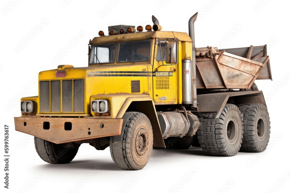 bright yellow dump truck on a simple white background Generative AI