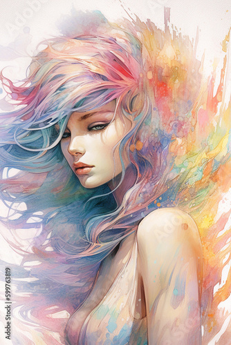 Rainbow hair line art watercolour wash ethereal background