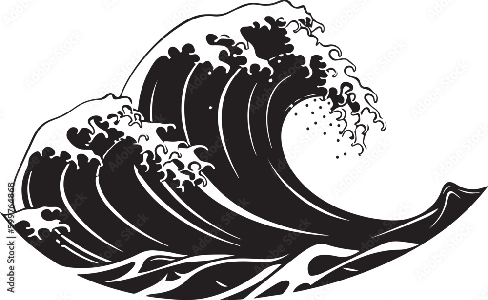 Japanese big wave in vintage retro style vector illustration, SVG - obrazy, fototapety, plakaty 