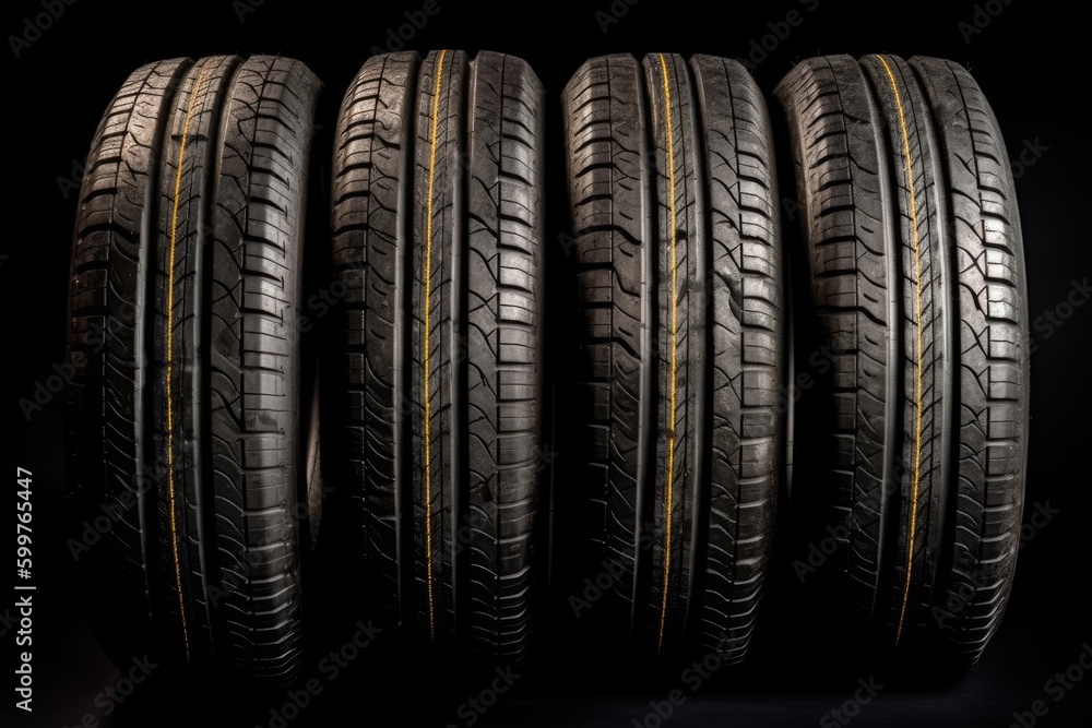 four tires arranged in a straight line on a black background Generative AI four tires arranged in a straight line on a black background Generative AI