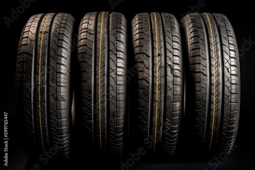 four tires arranged in a straight line on a black background Generative AI