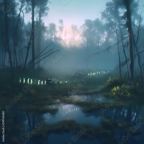 mysterious foggy swamp