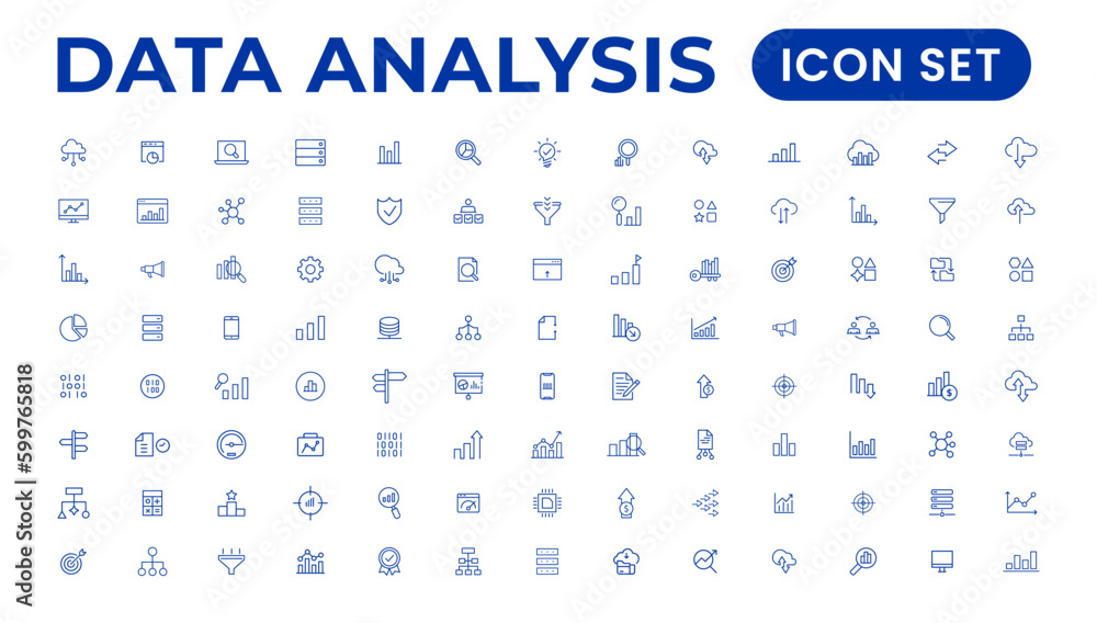 Big data analysis thin line icon set. Data processing outline pictograms for website and mobile app GUI. Digital analytics simple UI, UX vector icons - obrazy, fototapety, plakaty 