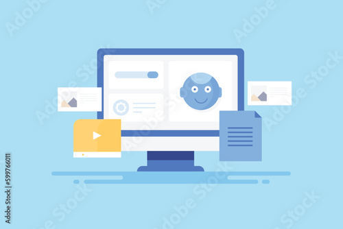 Artificial intelligence software robot managing digital content business automation cms technology with computer. Vector illustration web banner.