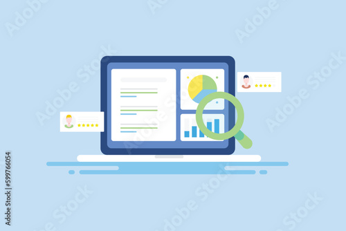 Analytics data on dashboard, business intelligence market research insights and competitor information report on laptop screen. Vector illustration web banner.