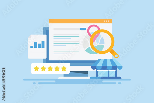Local business ranking more visible to search engine page, Shop location map navigation, rating and SEO optimization marketing strategy, vector illustration web banner. 