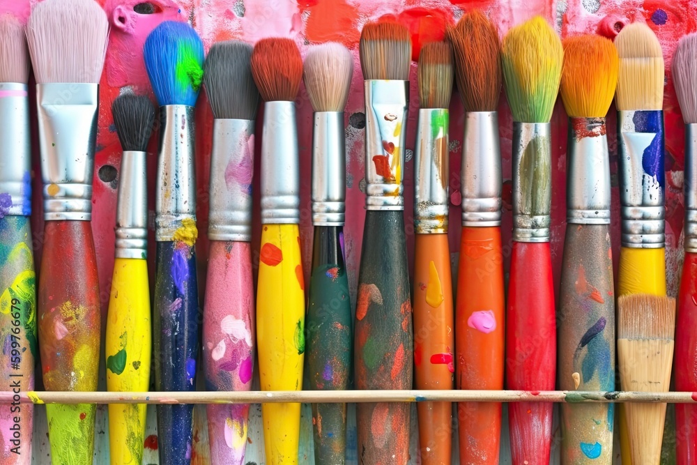 Fototapeta premium Colorful Array of Paint Brushes on a Shelf Generative AI