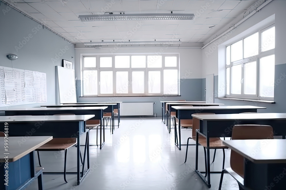 Empty classroom, Blurred school classroom without students with empty chairs and tables Empty classroom, Blurred school classroom without students with empty chairs and tables