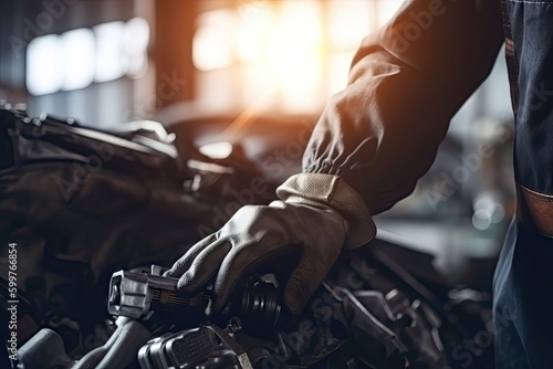 Car mechanic wearing gloves using wrench while working on car, Car auto services and maintenance check concept