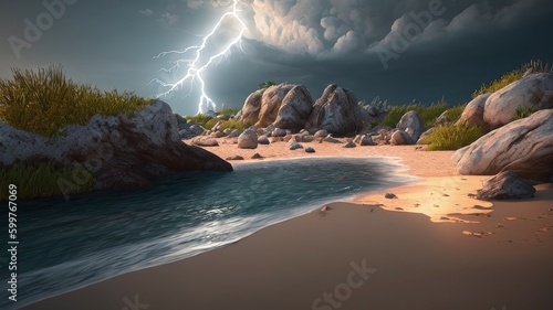 Beautiful Beach Scene with Lightning Striking in the Distance