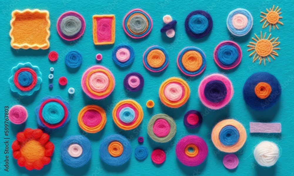 Colorful craft supplies arrangement on a blue table