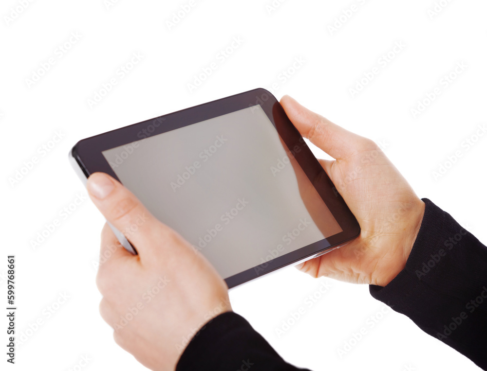 Hands, mockup and digital tablet in a studio for advertising, marketing and branding promo. Technology, communication and model with a mobile with mock up screen isolated by a white background. Hands, mockup and digital tablet in a studio for advertising, marketing and branding promo. Technology, communication and model with a mobile with mock up screen isolated by a white background.