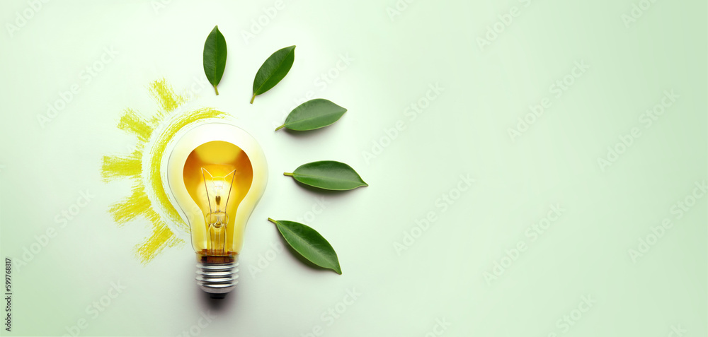 Green Energy Concepts. Wireless Light Bulb surrounded by Green Leaf form as Sign of Lights On. Carbon Neutral and Emission ,ESG for Clean Energy. Sustainable Resources, Renewable and Environmental - obrazy, fototapety, plakaty 