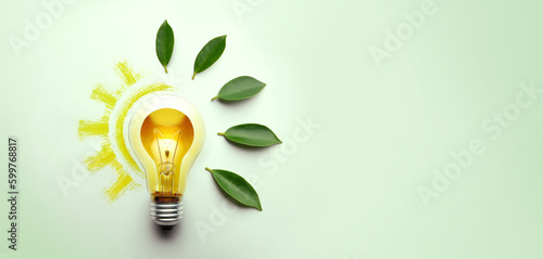 Green Energy Concepts. Wireless Light Bulb surrounded by Green Leaf form as Sign of Lights On. Carbon Neutral and Emission ,ESG for Clean Energy. Sustainable Resources, Renewable and Environmental