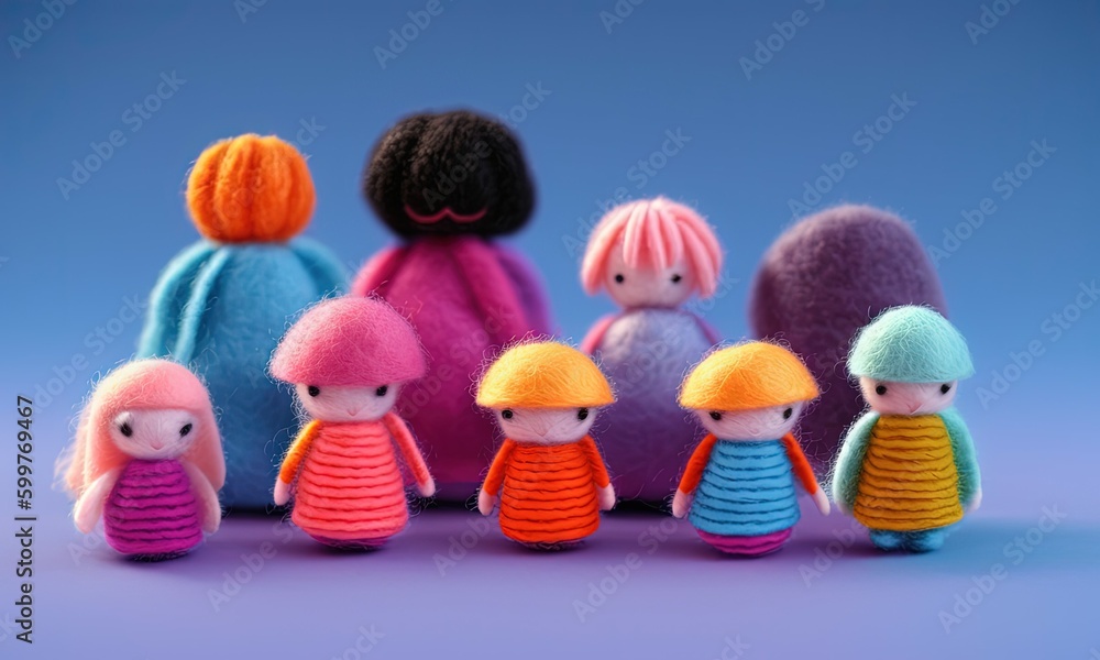 Colorful woolen dolls in various poses