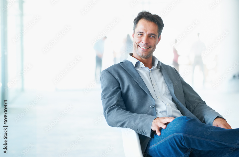 Portrait, smile and business man on chair in office with pride for career or job on mockup. Professional, male entrepreneur and happy executive, mature ceo or person from Canada sitting in workplace.
