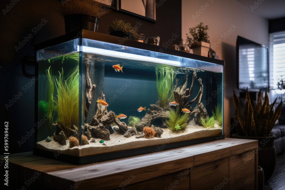 Big aquarium in a living room in a house. Generative AI.