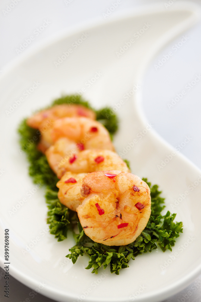 Closeup parsley and prawn with nutrition, health and protein with healthy lifestyle, delicious and meal. Zoom, seafood on a plate and luxury fine dining with food, restaurant and expensive appetizer Closeup parsley and prawn with nutrition, health and protein with healthy lifestyle, delicious and meal. Zoom, seafood on a plate and luxury fine dining with food, restaurant and expensive appetizer