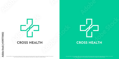 Cross health logo design illustration. Simple flat silhouette line art health doctor nurse clinic midwife hospital medical plus sign. sickness disease symbol icon for sick person healthcare science.