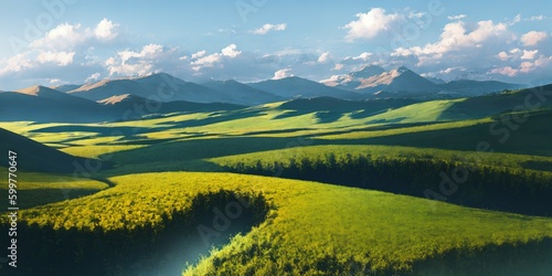 Serene mountain valley with lush green fields