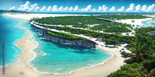 Tropical Paradise: Beach Scene with Palm Trees, Boats, and Blue Lagoon