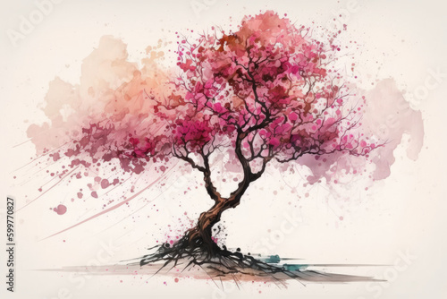 Japanese sakura tree, watercolor illustration made with Generative AI.