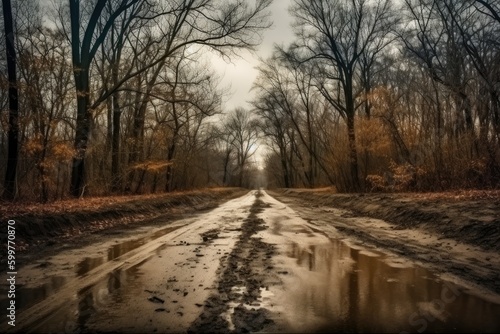 dirt road winding through a dense forest landscape Generative AI © 2rogan