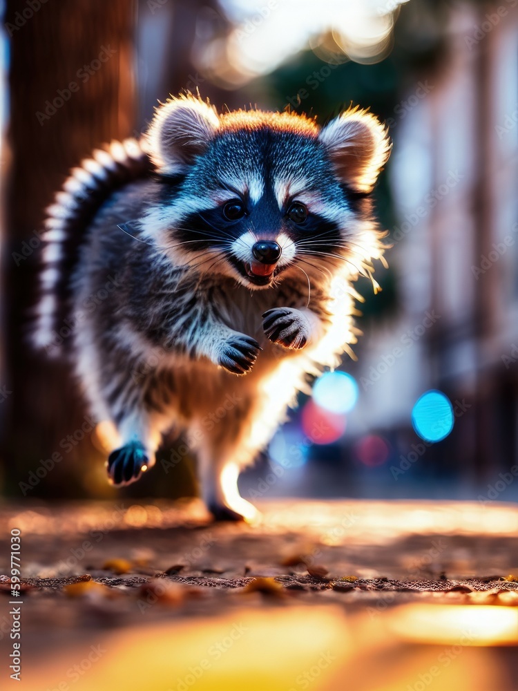 Raccoon Running on a City Street Raccoon Running on a City Street