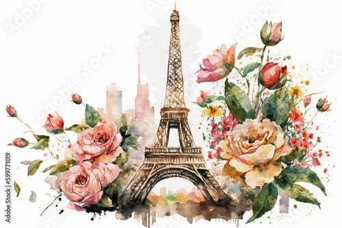 Eiffel Tower with rose flowers watercolor illustration made with Generative AI.