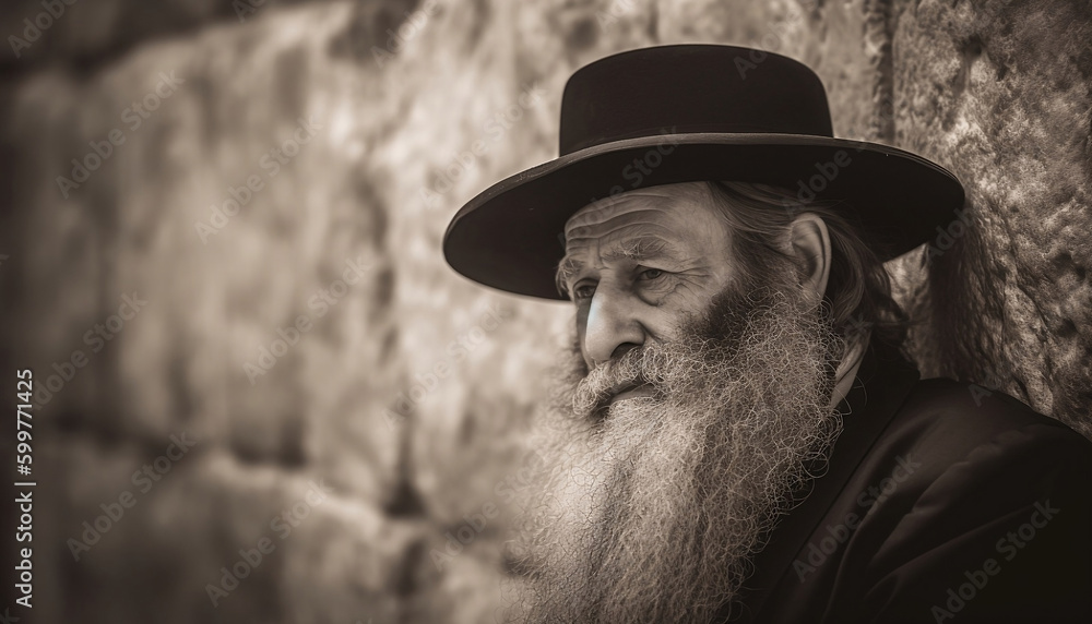 A Hasidim jew praying on the Western Wall in Jerusalem, generative ai